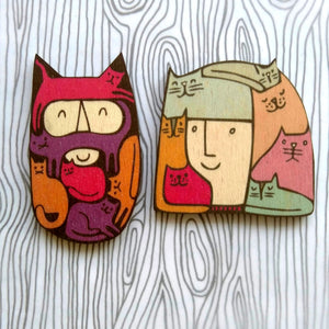 SALE - Cat Beard wooden brooch