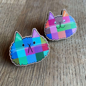 Patchwork Cats wooden pin badge