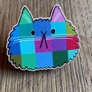 Patchwork Cats wooden pin badge