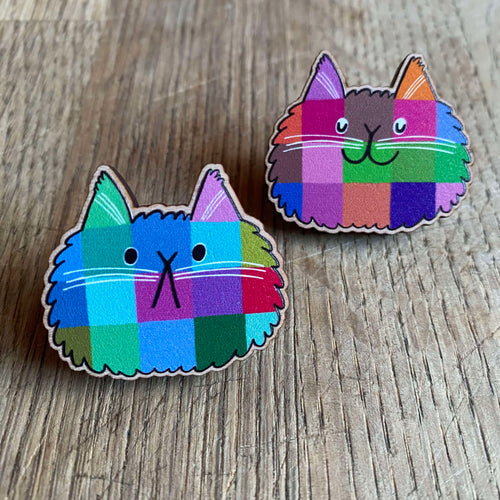 Patchwork Cats wooden pin badge