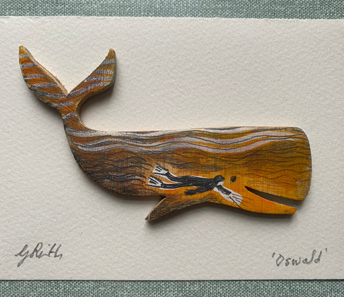 'Oswald Whale' original hand painted illustration on hand-cut wood