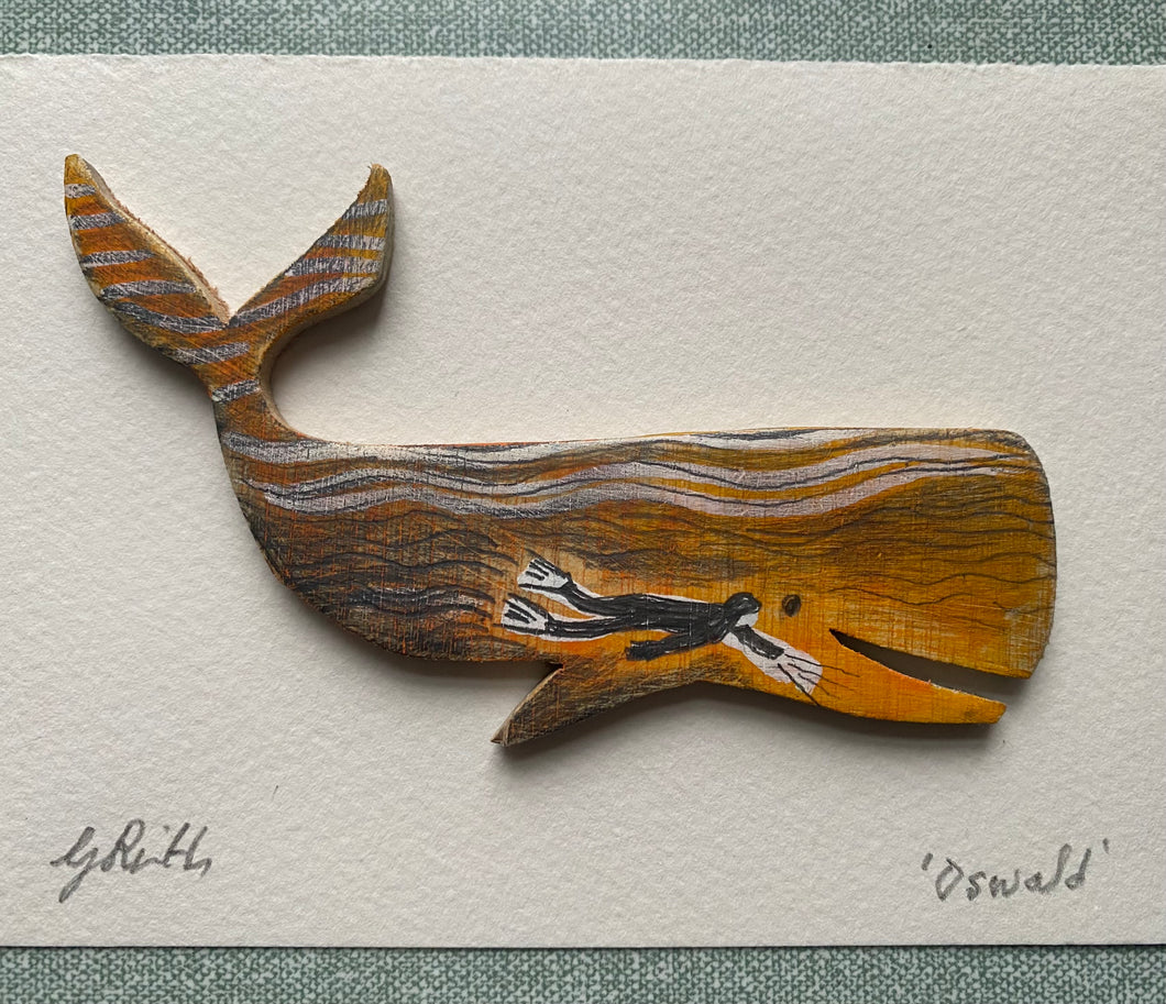 'Oswald Whale' original hand painted illustration on hand-cut wood