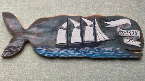 'Portsoy whale' original hand painted illustration on hand-cut wood