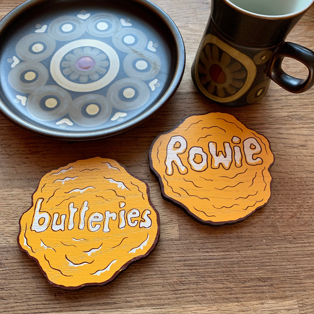 Rowie vs Butteries coaster pair