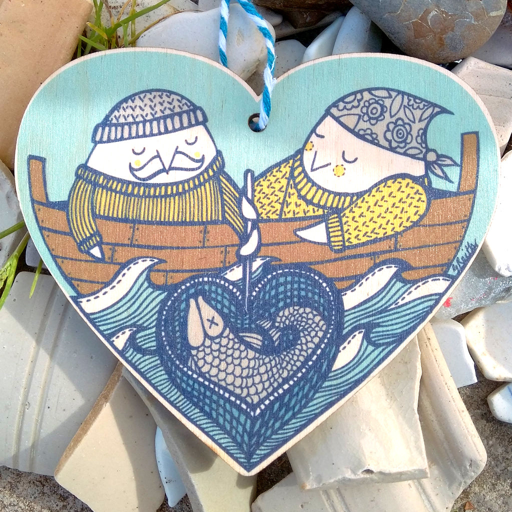 SALE - Fisher Birds wooden heart
