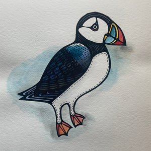 Puffin -  original screen print and watercolour painting