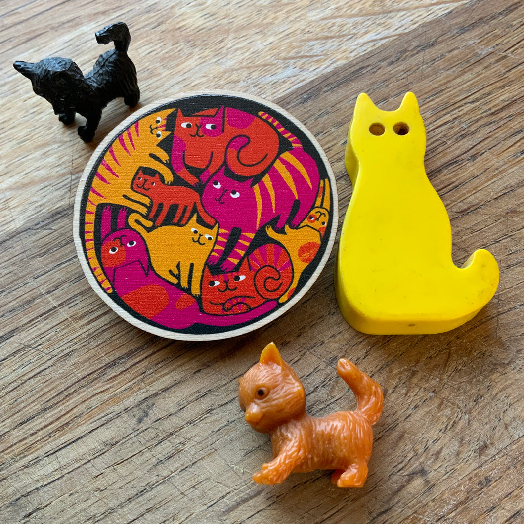 Cat party wooden pin badge